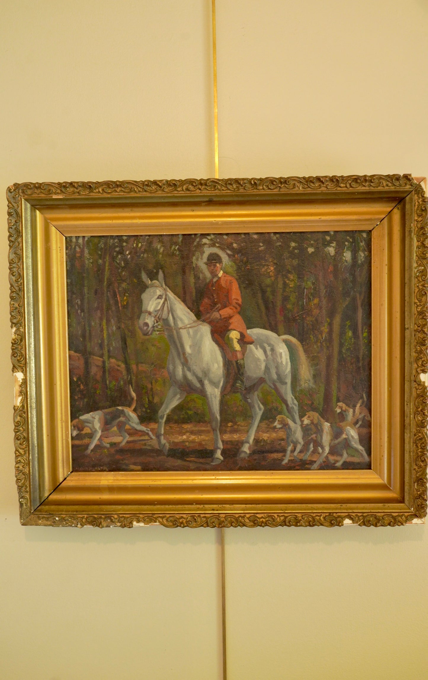 “Fox Hunt” Original British Sporting Art by Geoffrey Mortimer (1895–1986) – Mid 20th-Century British Equestrian Oil Painting in Antique Gilt Frame