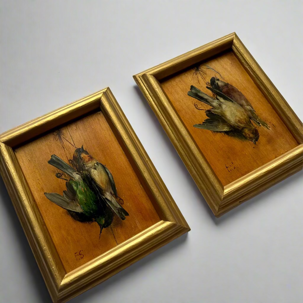 Pair of French “Art Mort” Oil Studies – 1920s Trompe-l’Œil Bird Paintings on Wood Panel, Signed F.S.
