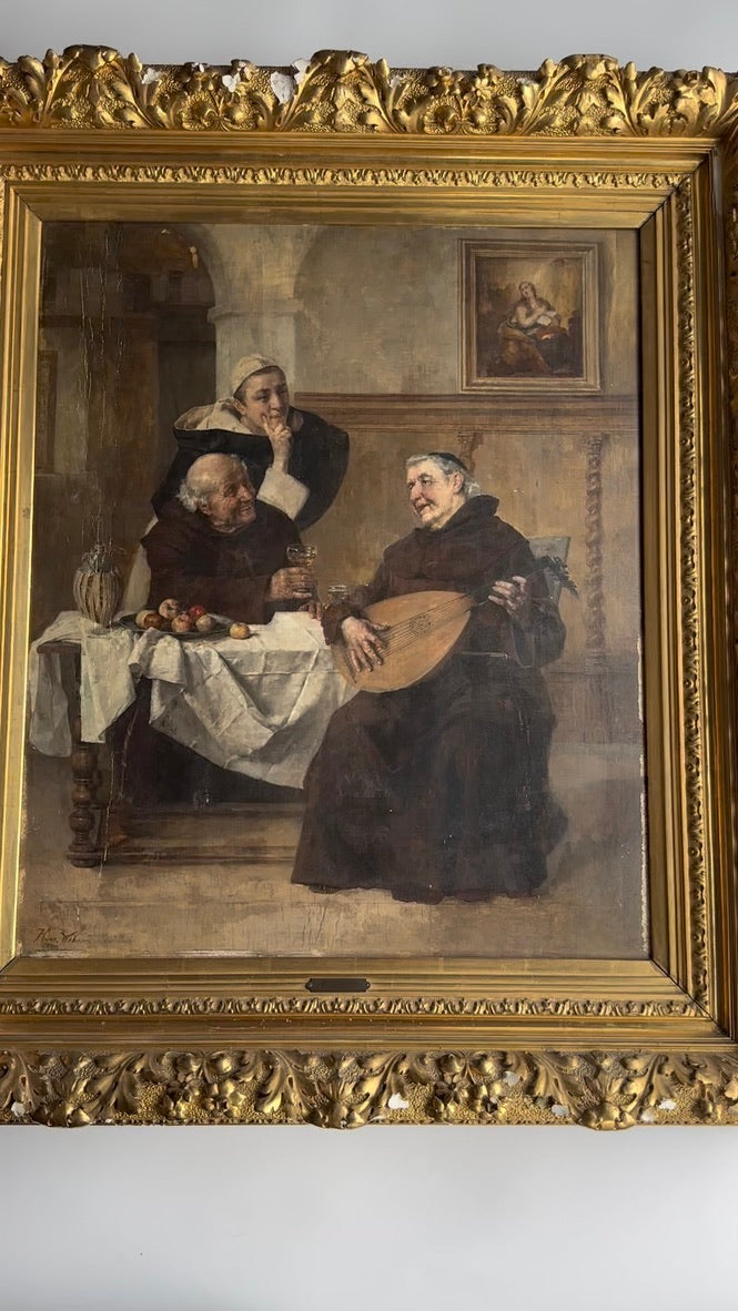 Late 1800s Monk Oil Painting Attributed to Heinrich Weber (1843-1913) in Ornate Gilded Frame