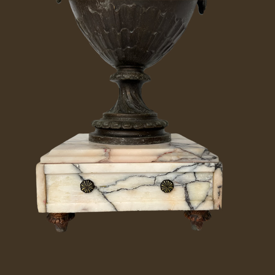 ^ Pair of 19th Century French Napoleon III Style Spelter & Marble Urns