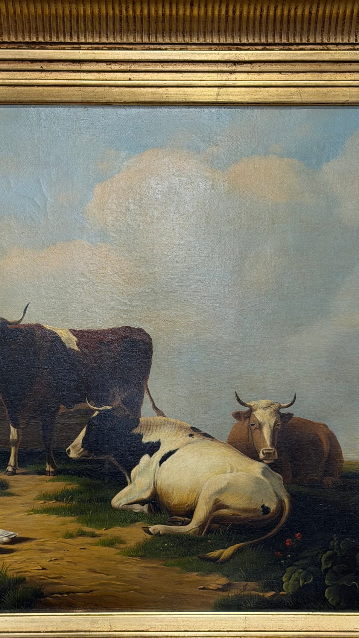 Antique Signed Dutch Oil Painting of Cows and Sheep in Meadow
