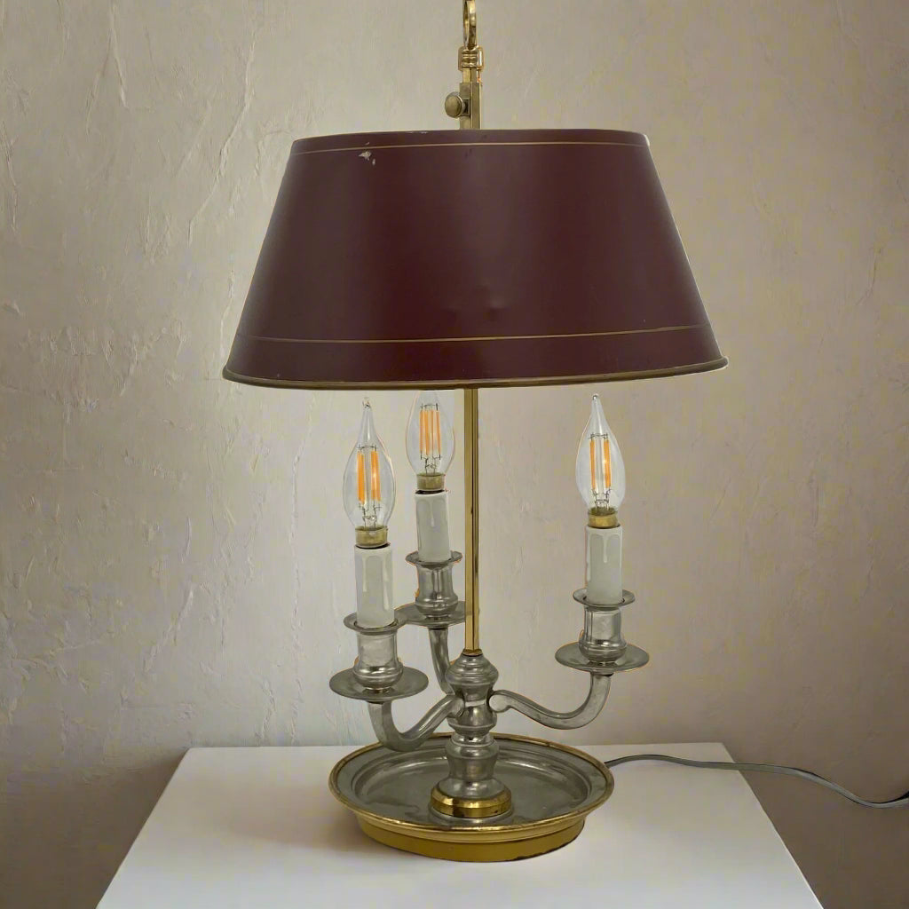Vintage French Bouillotte Lamp with Maroon Metal Shade