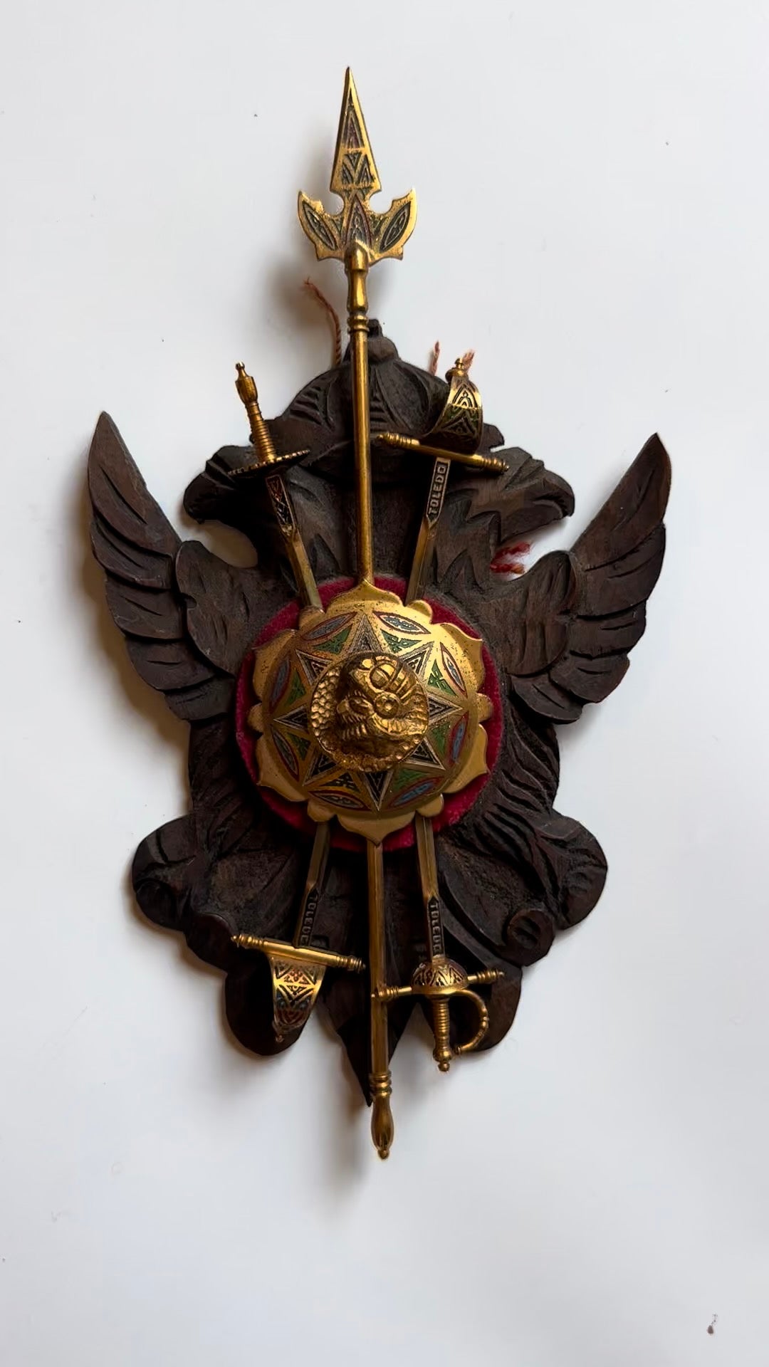 Mid-Century Spanish Toledo Miniature Armory Wall Plaque | Hand-Carved Heraldic Crest with Swords, Shield & Spear