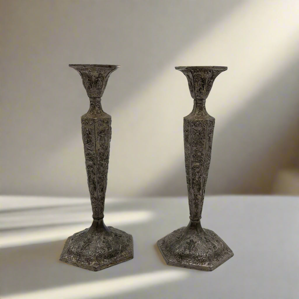 Pair of Weidlich Brothers Dutch Windmill Repoussee Silver Plated Candleholders, Pair of Vintage Silver-Plated Candlestick Holders