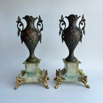 ^ Pair of Antique French Neoclassical Spelter and Onyx Urns with Gilt Brass Accents