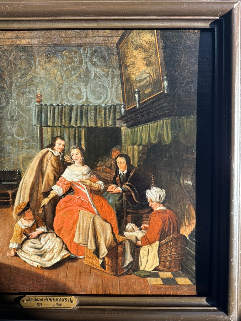"Meeting in the Parlour" Oil on Canvas Attributed to Jan Josef Horemans (Belgium artist, 1714-1790)