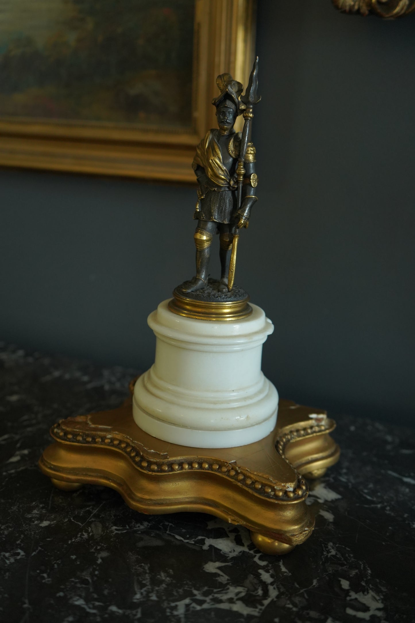 Small Antique French Soldier on White Marble Base, Late 19th Century