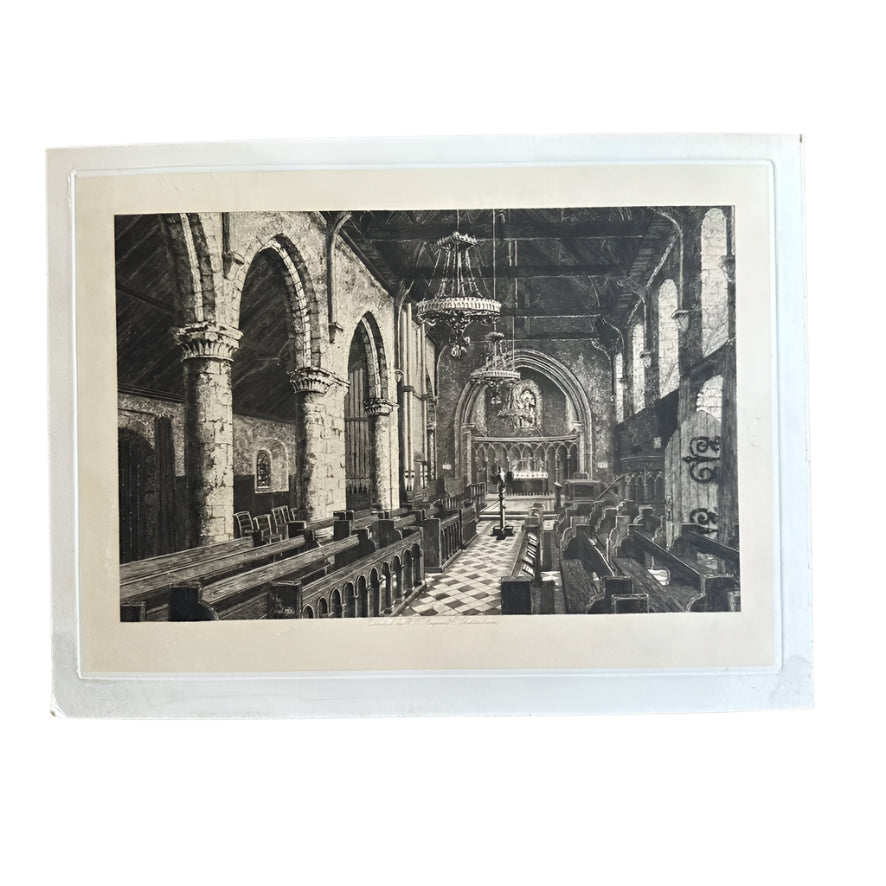 Vintage-style black and white print of a church interior