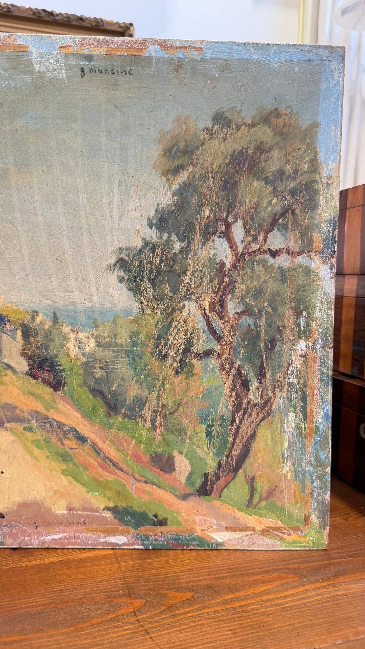 Signed Garden Fountain Oil Painting, Unframed