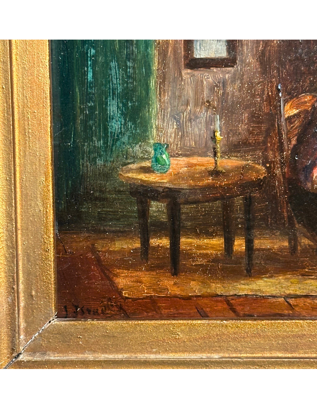 Antique Victorian Interior Scene Oil on Board, Small Antique English Oil Painting
