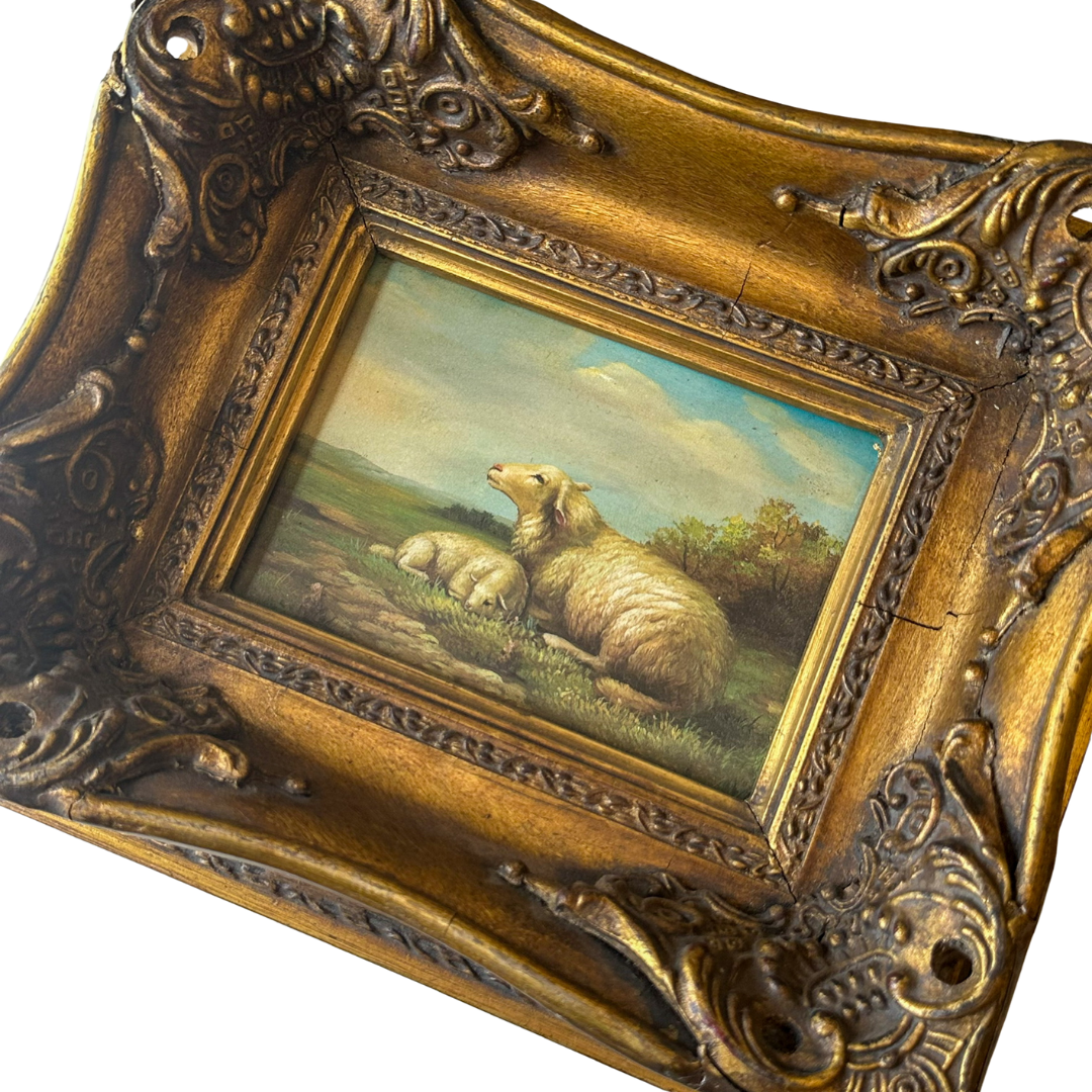 Framed Pastoral Sheep Painting, Vintage Decorative Oil on Board