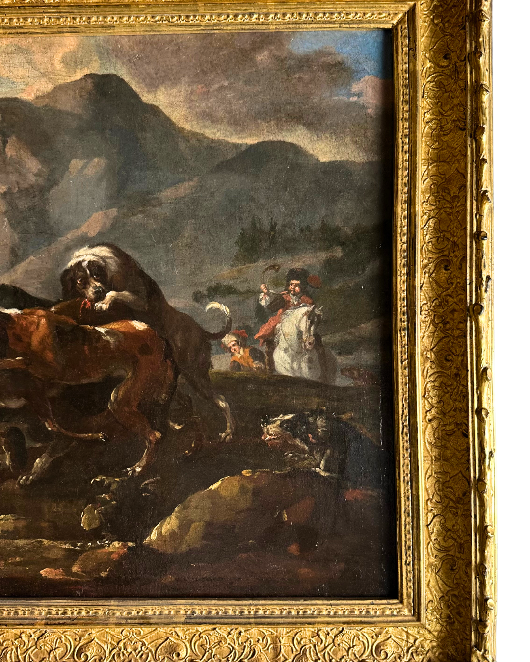 “Hounds Hunting Stag” – 18th Century French Oil Painting Attributed to the Fontainebleau Tradition