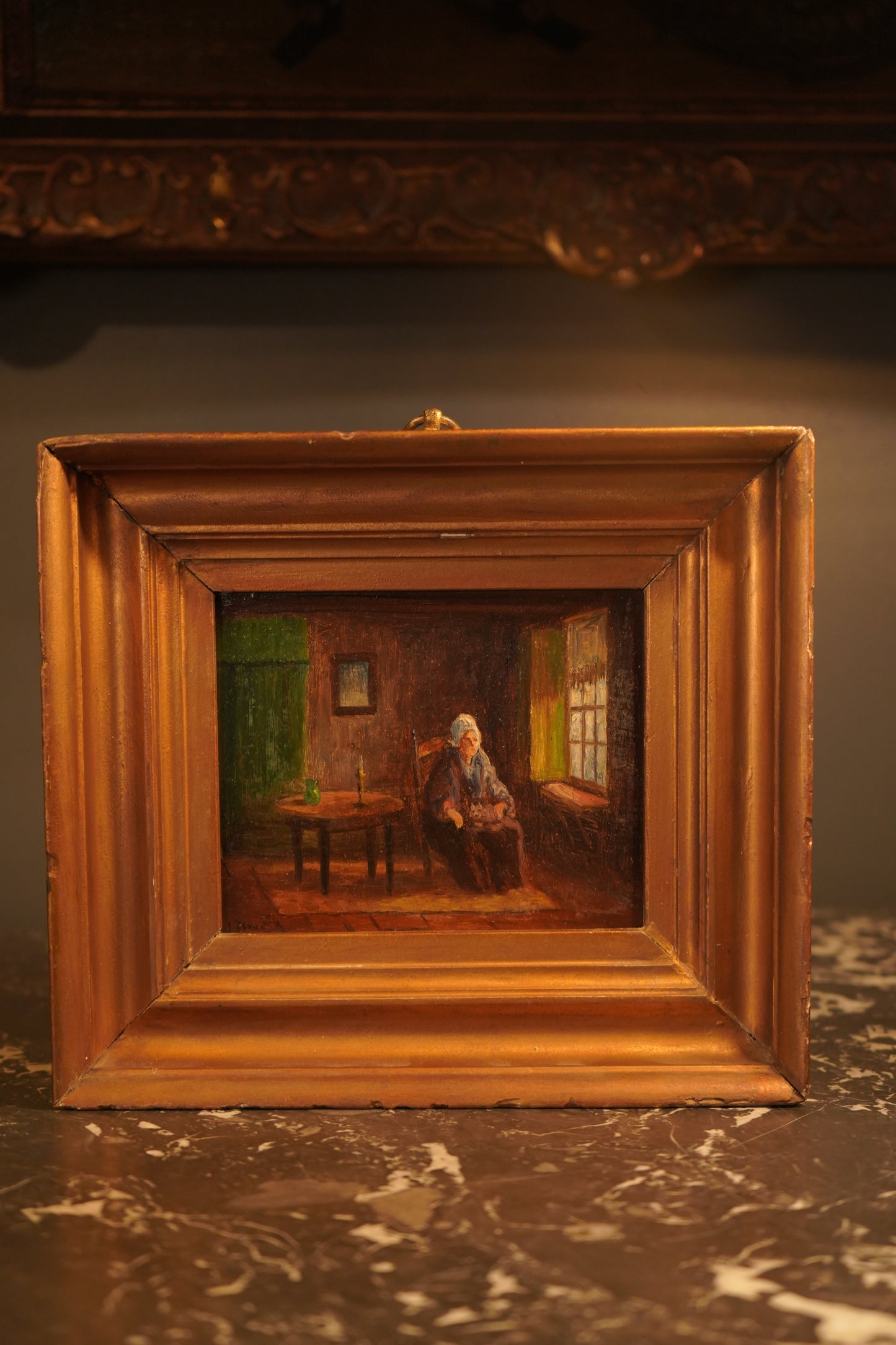 Antique Victorian Interior Scene Oil on Board, Small Antique English Oil Painting