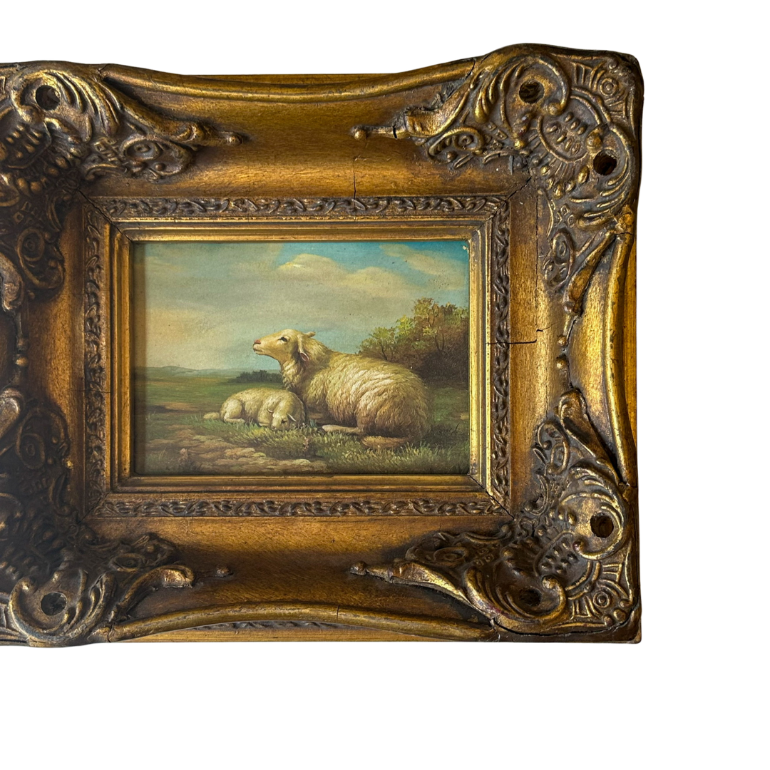 Framed Pastoral Sheep Painting, Vintage Decorative Oil on Board