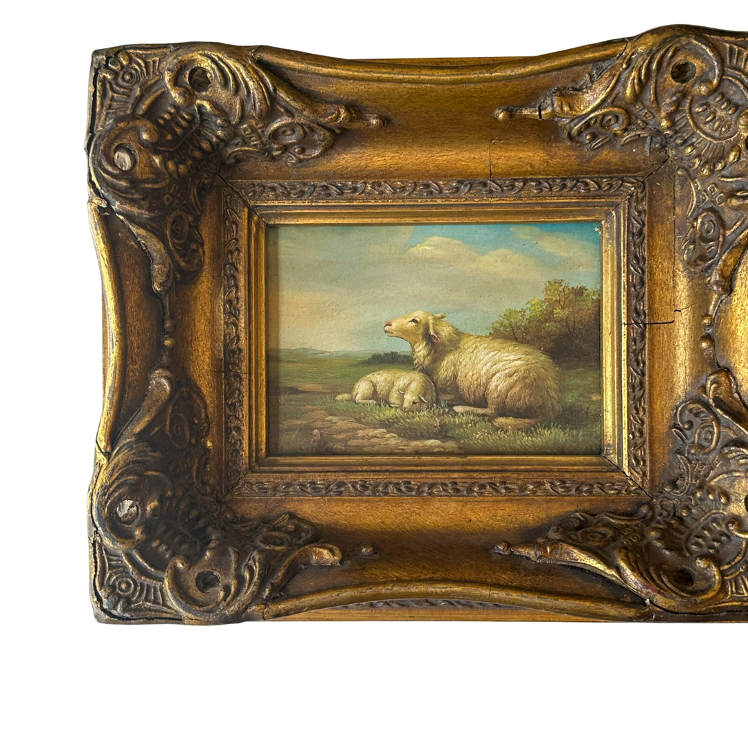 Framed Pastoral Sheep Painting, Vintage Decorative Oil on Board