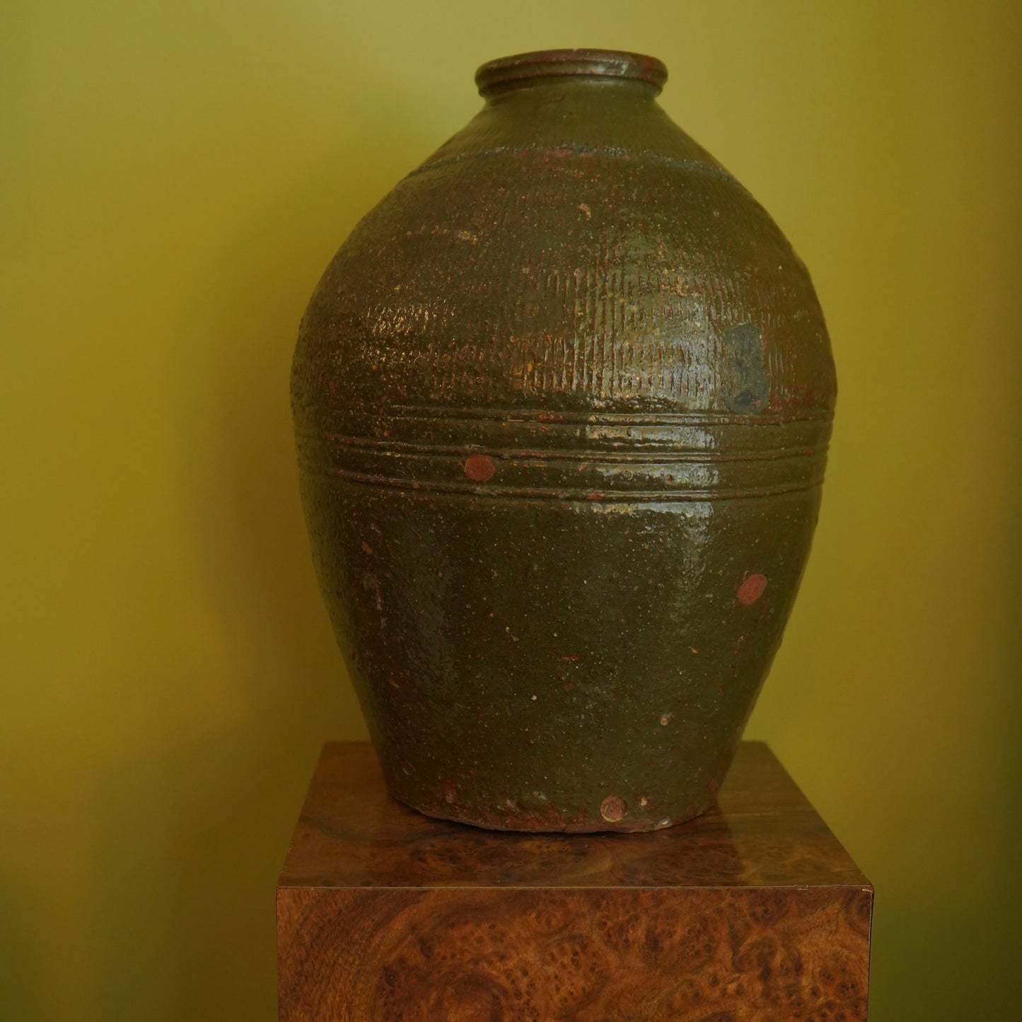 Vintage Green Asian Mijiu Jar, Large Vintage Chinese Oil Jar