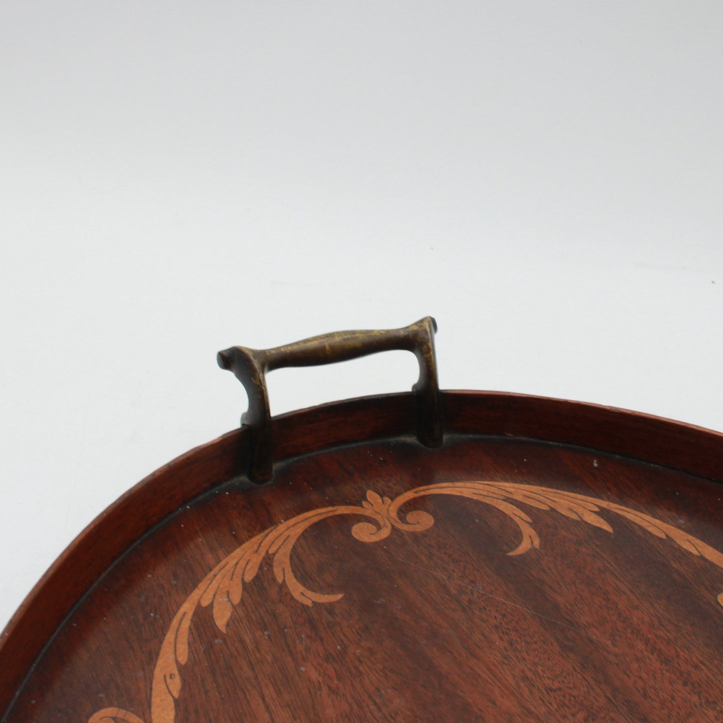 Edwardian Inlaid Mahogany Tray with Marquetry Urn Motif & Brass Handles, c.1900