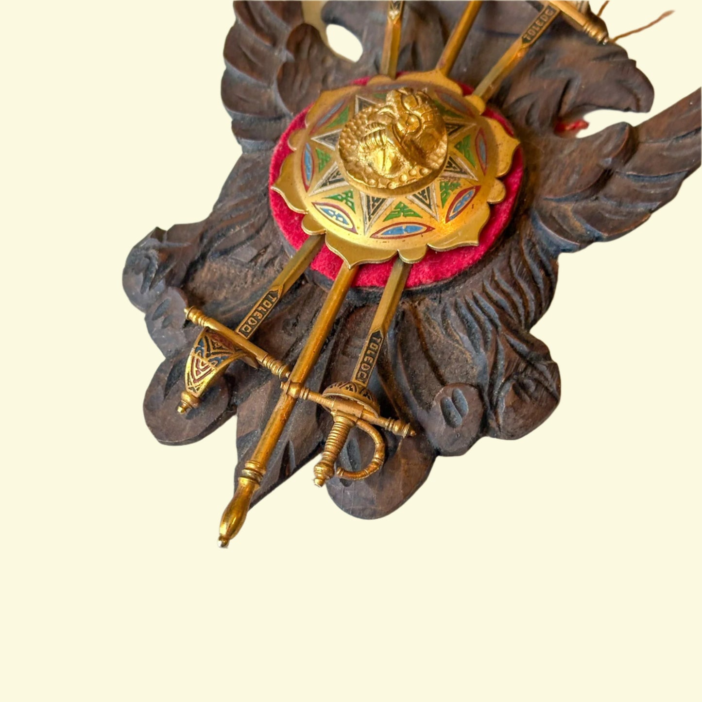 Mid-Century Spanish Toledo Miniature Armory Wall Plaque | Hand-Carved Heraldic Crest with Swords, Shield & Spear