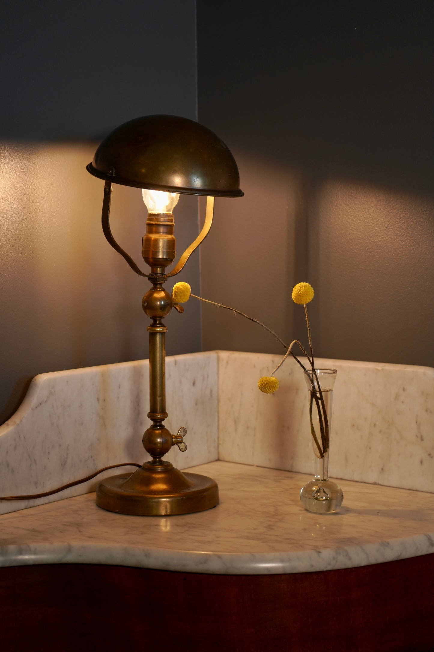 Vintage Patented Brass Helmet-Head Task Lamp – Early Industrial Desk Light