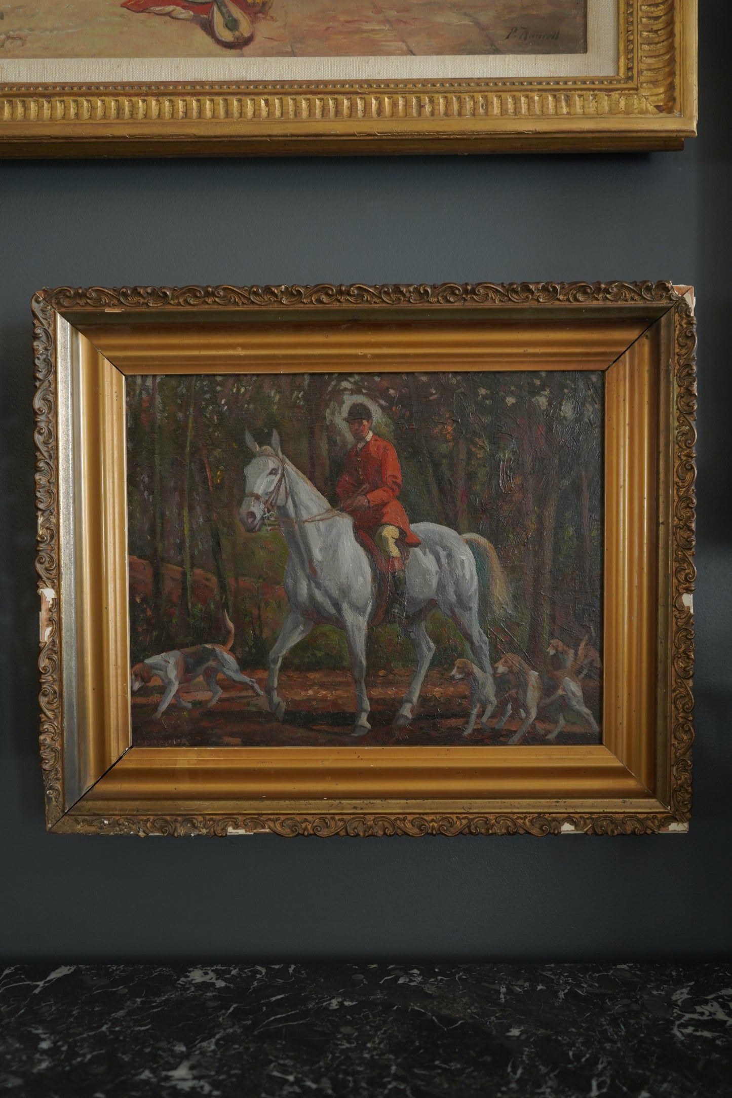 “Fox Hunt” Original British Sporting Art by Geoffrey Mortimer (1895–1986) – Mid 20th-Century British Equestrian Oil Painting in Antique Gilt Frame