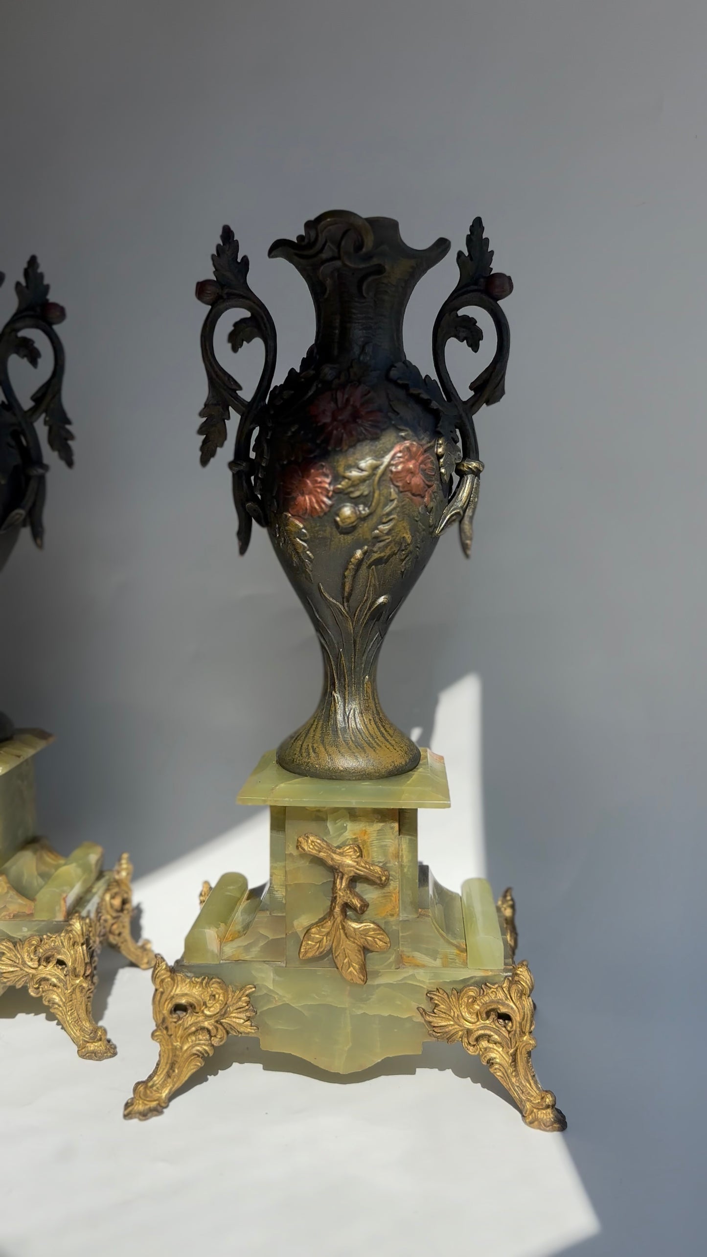 ^ Pair of Antique French Neoclassical Spelter and Onyx Urns with Gilt Brass Accents