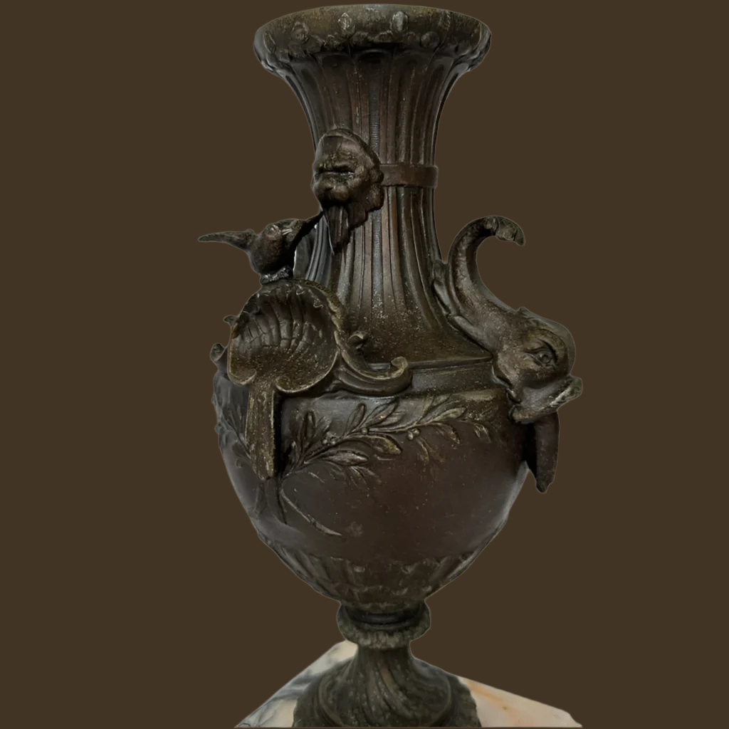 ^ Pair of 19th Century French Napoleon III Style Spelter & Marble Urns