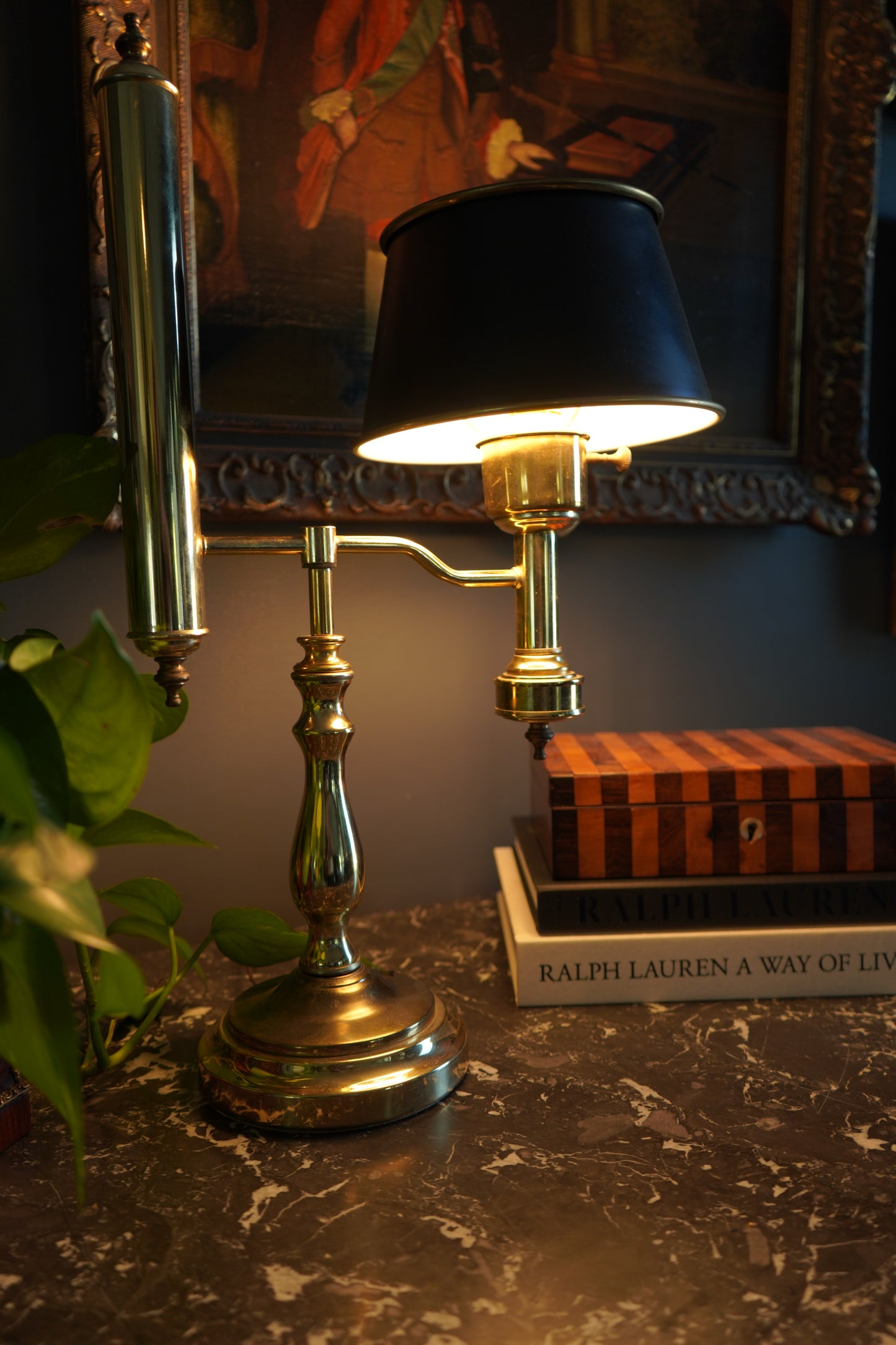 Vintage Brass Student Lamp with Metal Shade, Large