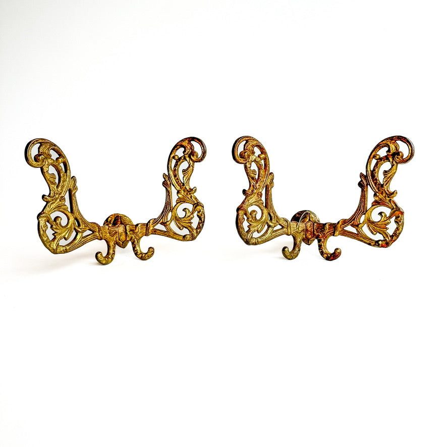 Large Antique Late-Victorian Cast-Brass Filigree Double Wall Hooks (Pair)