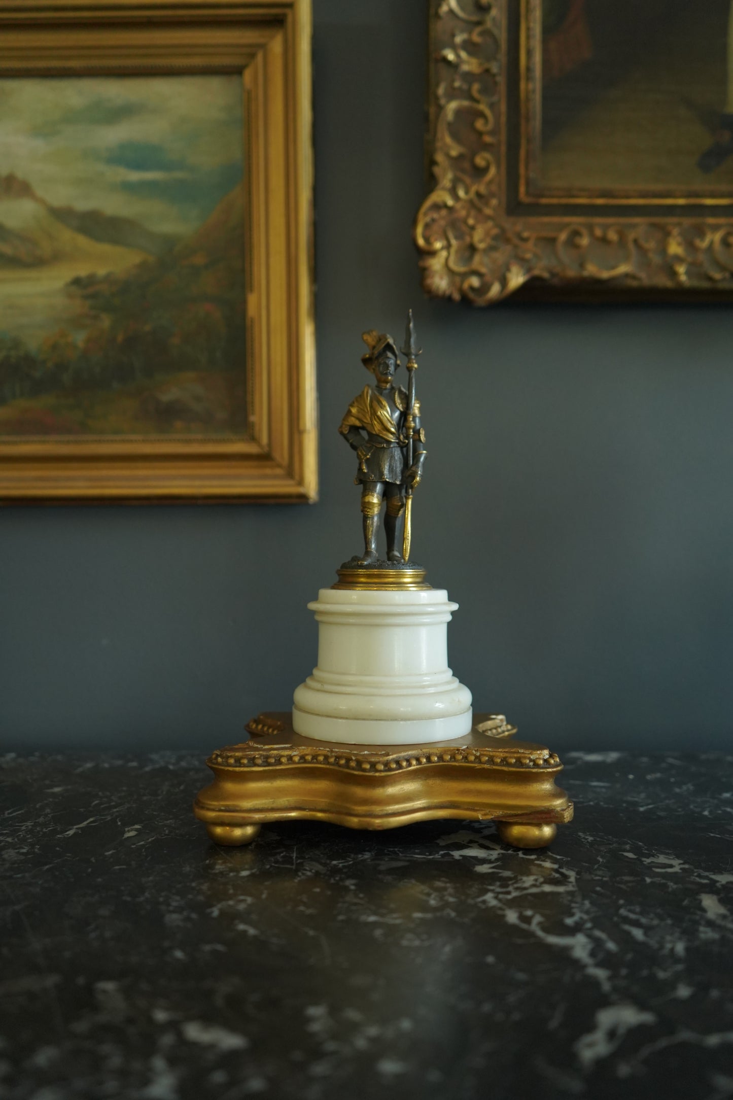 Small Antique French Soldier on White Marble Base, Late 19th Century