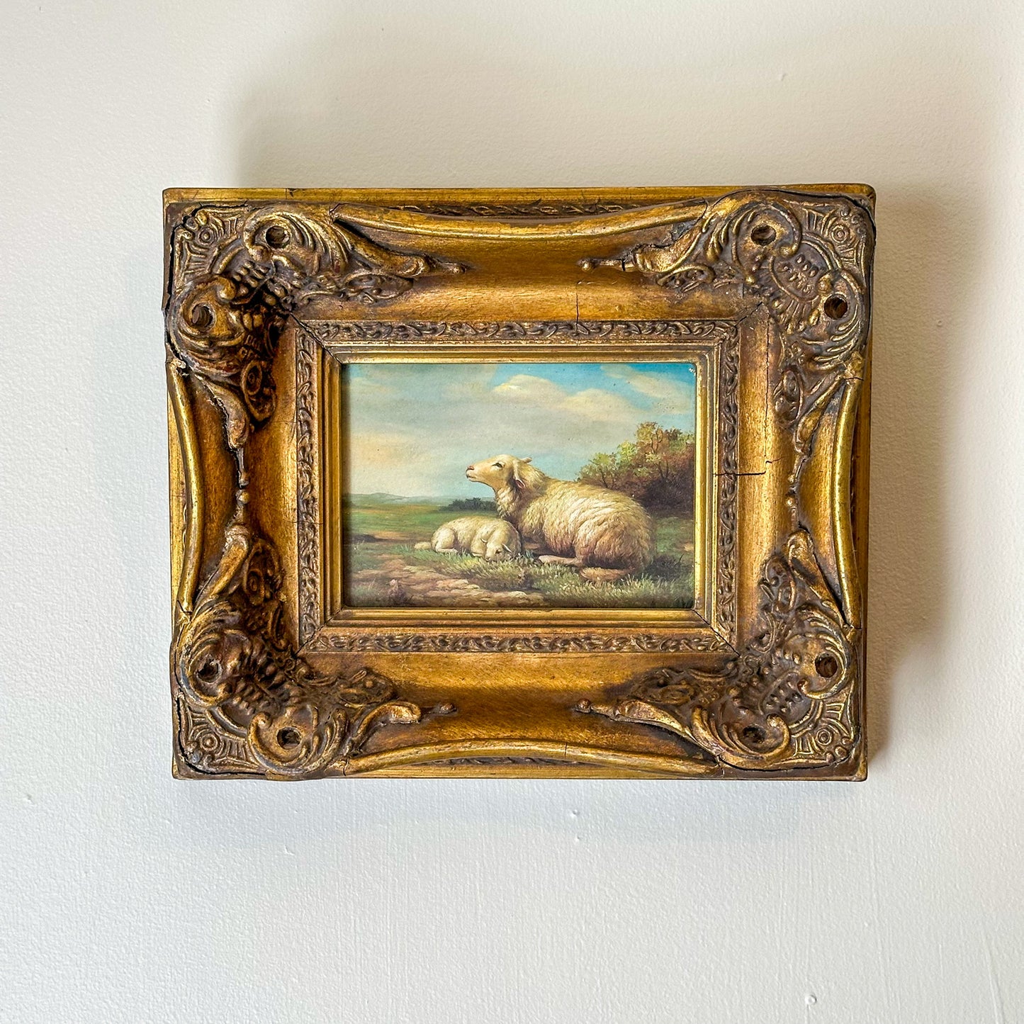 Framed Pastoral Sheep Painting, Vintage Decorative Oil on Board