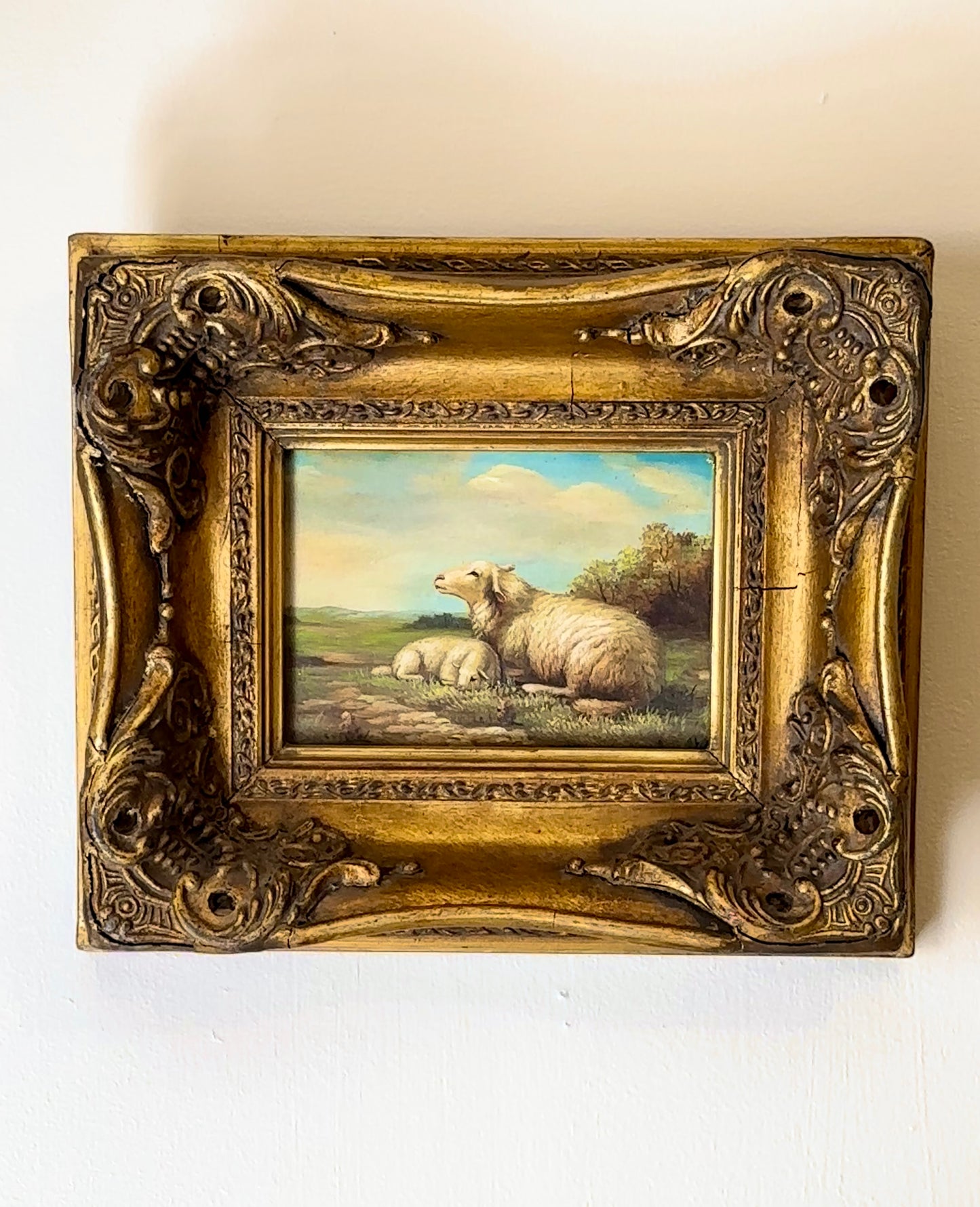 Framed Pastoral Sheep Painting, Vintage Decorative Oil on Board