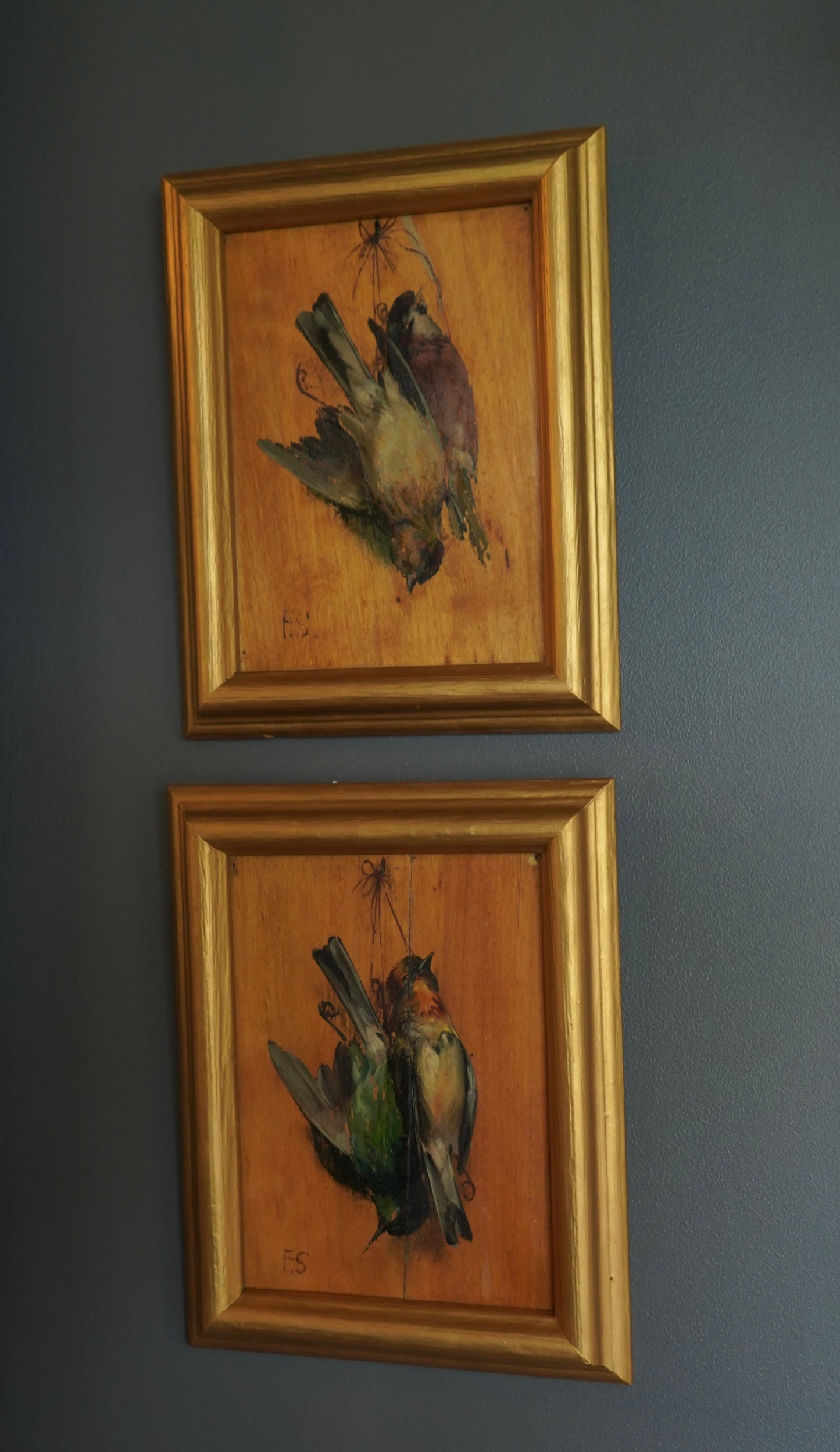 Pair of French “Art Mort” Oil Studies – 1920s Trompe-l’Œil Bird Paintings on Wood Panel, Signed F.S.