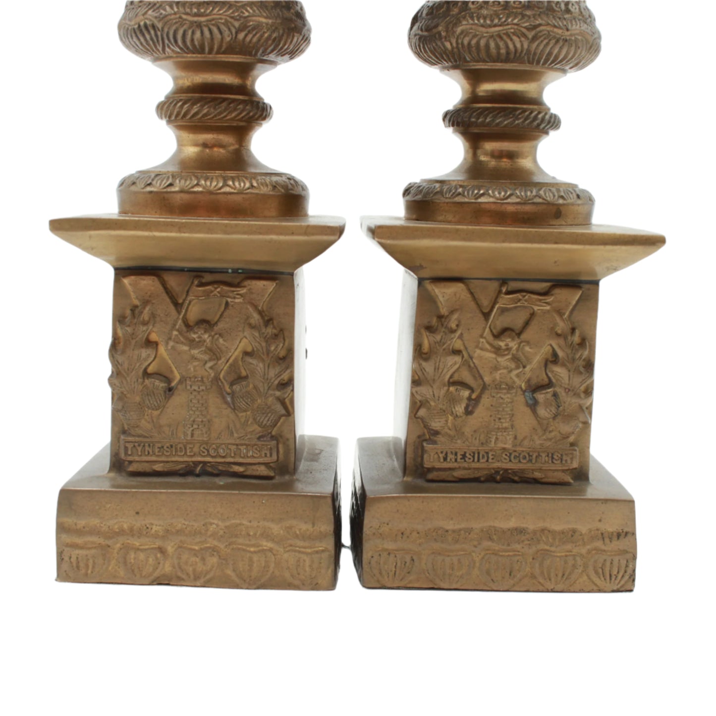 Pair of Antique Brass "Tyneside Scottish" Regimental Urn Bookends – Circa Early 20th Century