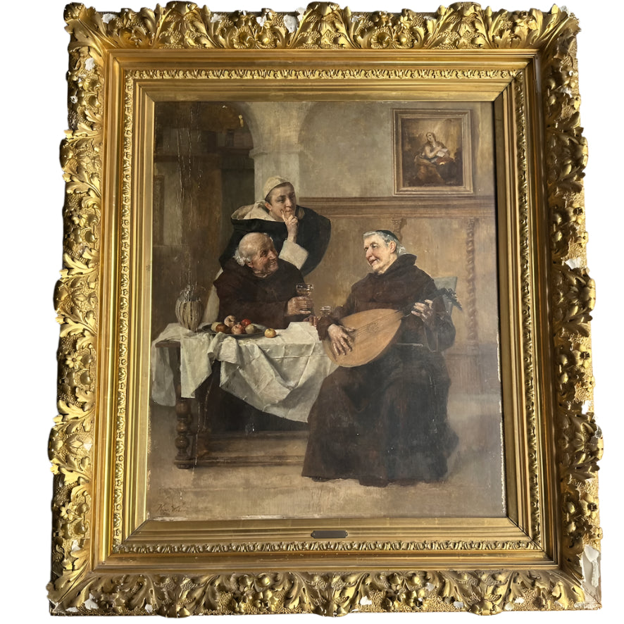 Late 1800s Monk Oil Painting Attributed to Heinrich Weber (1843-1913) in Ornate Gilded Frame