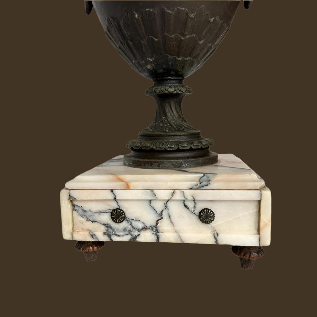 ^ Pair of 19th Century French Napoleon III Style Spelter & Marble Urns