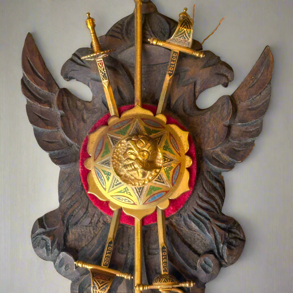 Mid-Century Spanish Toledo Miniature Armory Wall Plaque | Hand-Carved Heraldic Crest with Swords, Shield & Spear