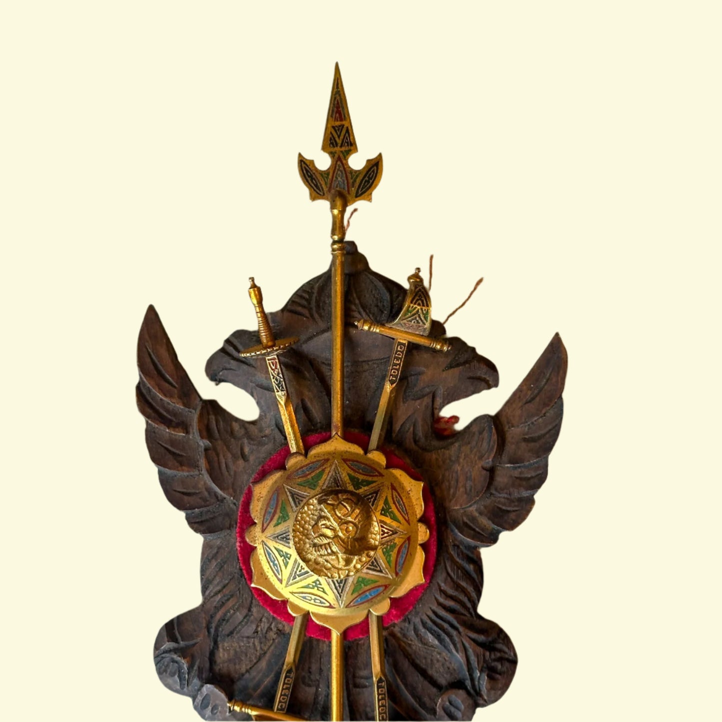 Mid-Century Spanish Toledo Miniature Armory Wall Plaque | Hand-Carved Heraldic Crest with Swords, Shield & Spear