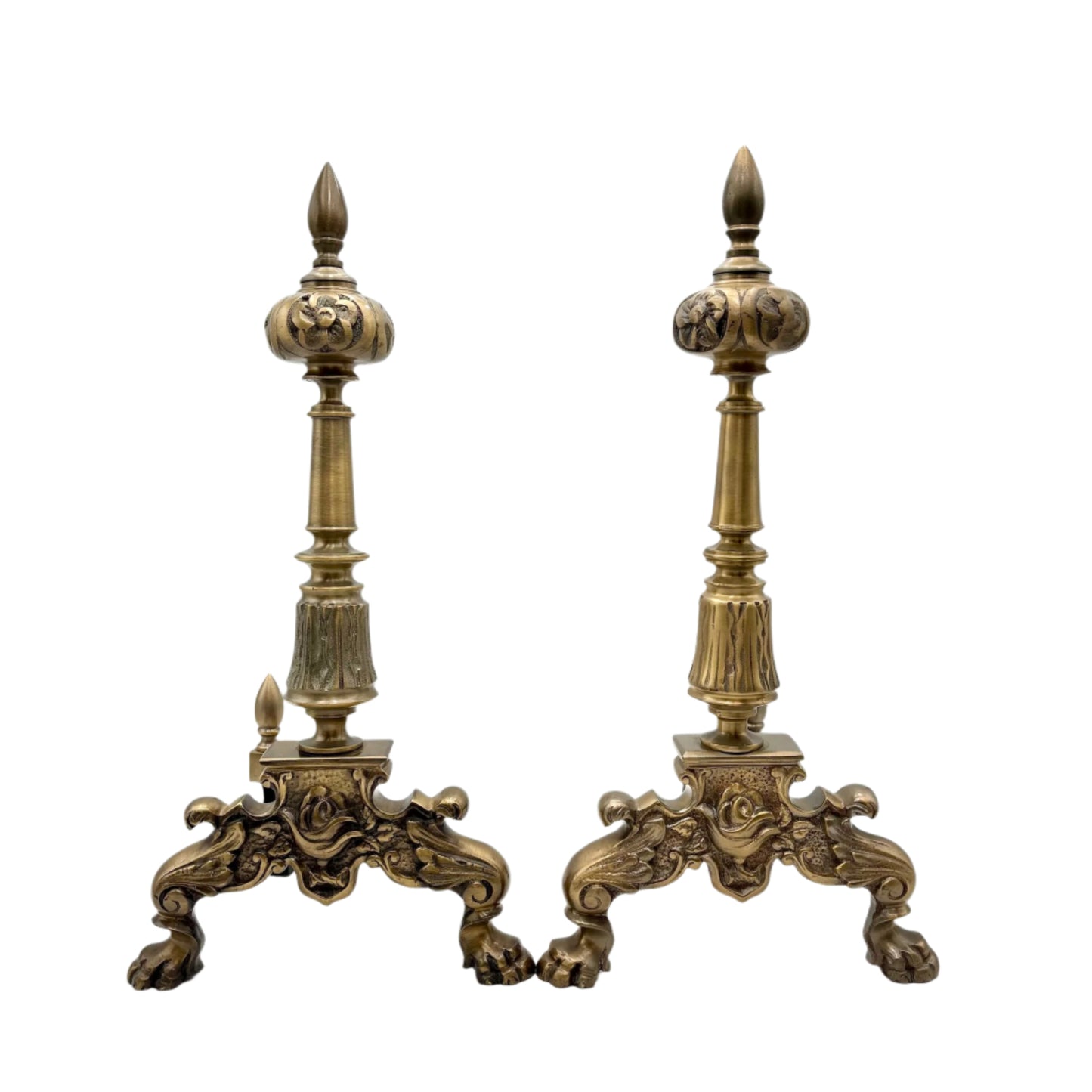 Pair of Late Victorian-Era Brass & Iron Andirons, Rococo Revival Style