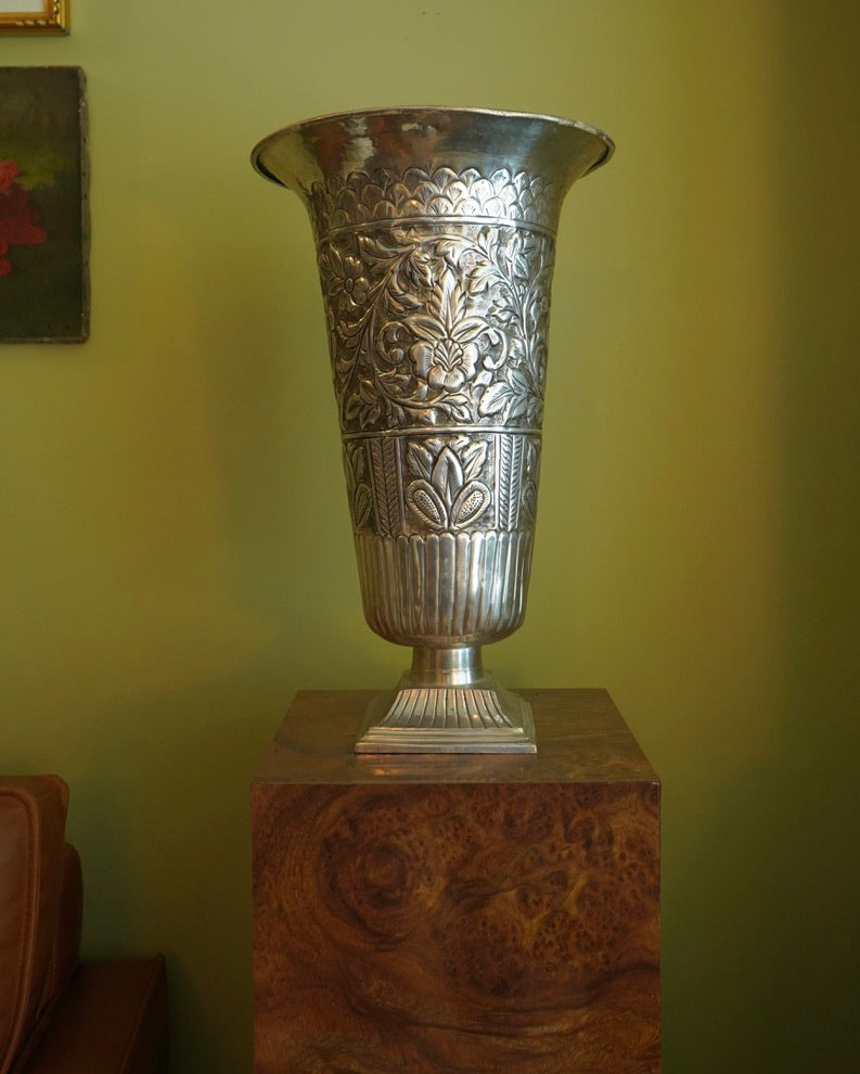 Large Pair of Vintage Silver Plated Repousse Urns