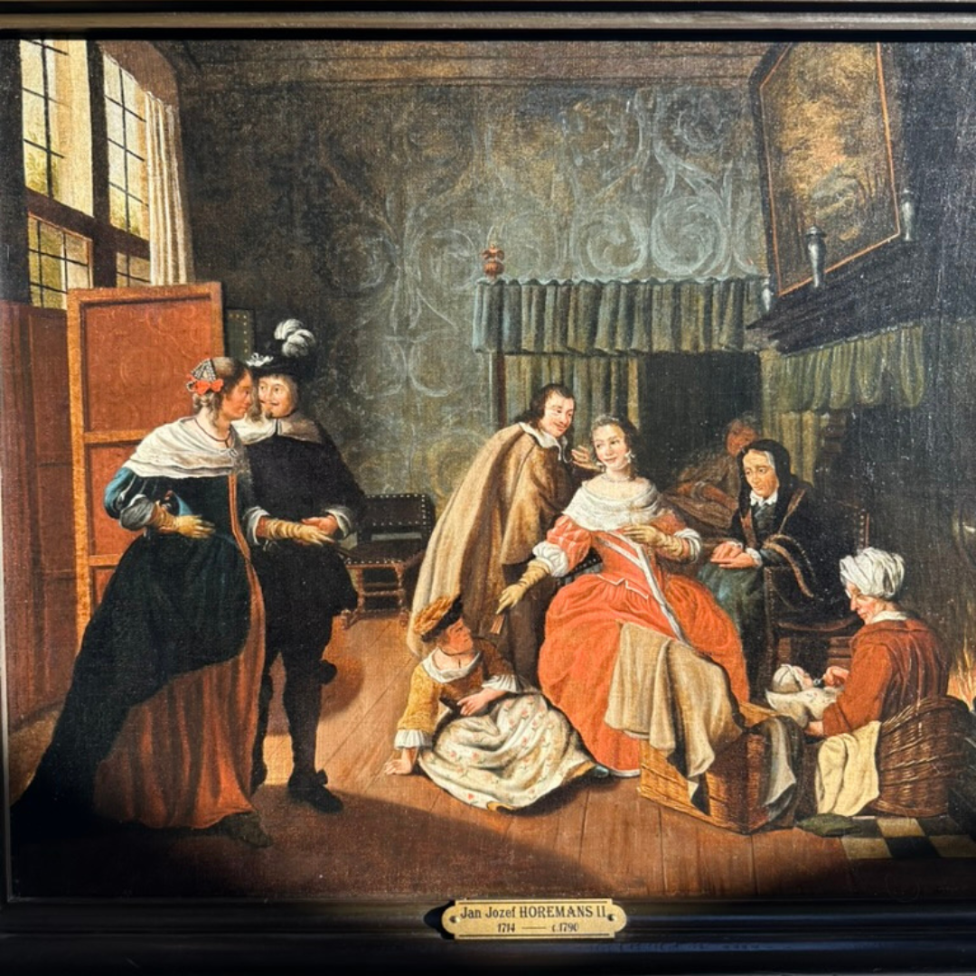"Meeting in the Parlour" Oil on Canvas Attributed to Jan Josef Horemans (Belgium artist, 1714-1790)