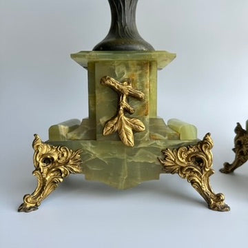 ^ Pair of Antique French Neoclassical Spelter and Onyx Urns with Gilt Brass Accents