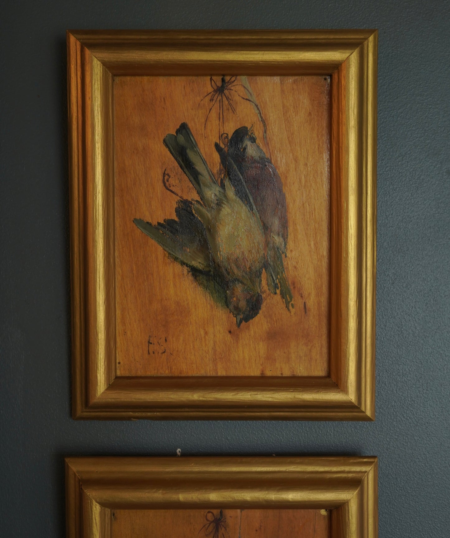 Pair of French “Art Mort” Oil Studies – 1920s Trompe-l’Œil Bird Paintings on Wood Panel, Signed F.S.