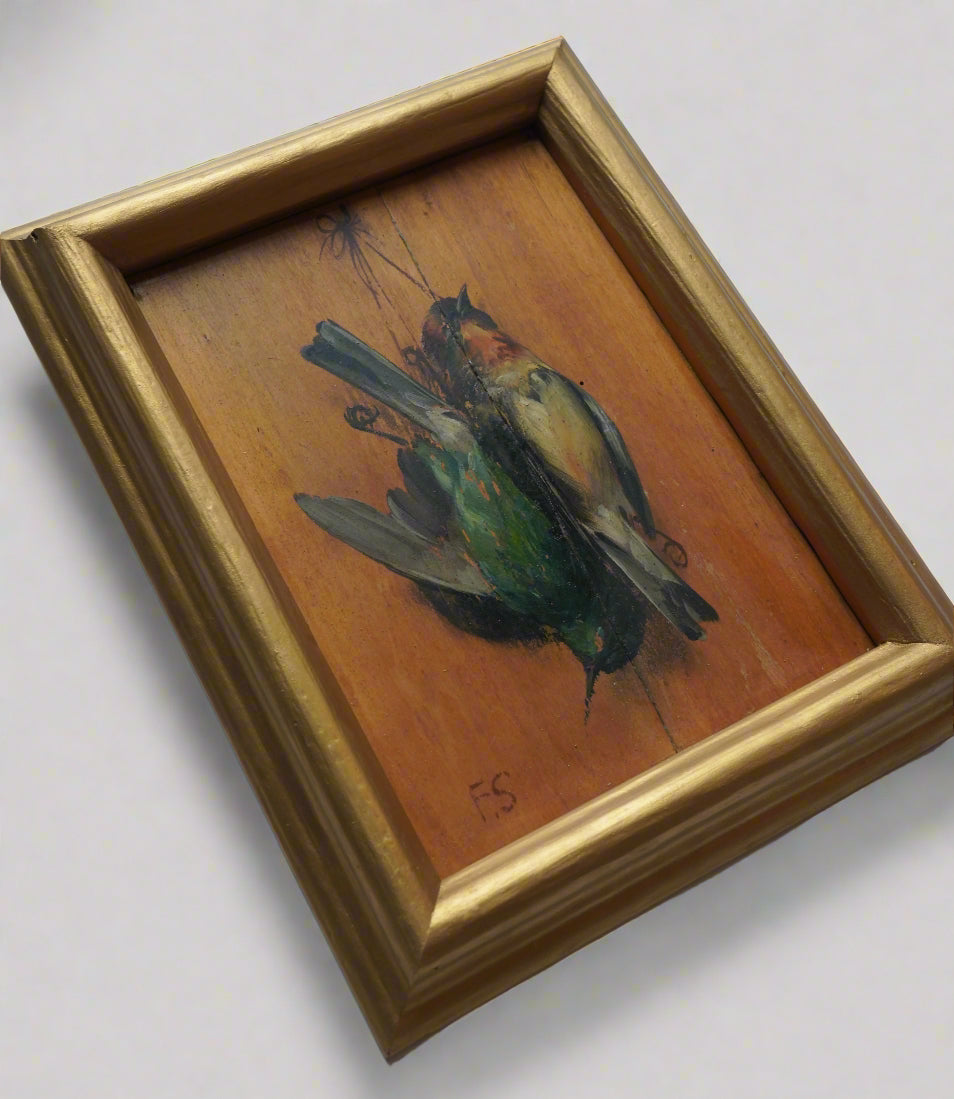 Pair of French “Art Mort” Oil Studies – 1920s Trompe-l’Œil Bird Paintings on Wood Panel, Signed F.S.