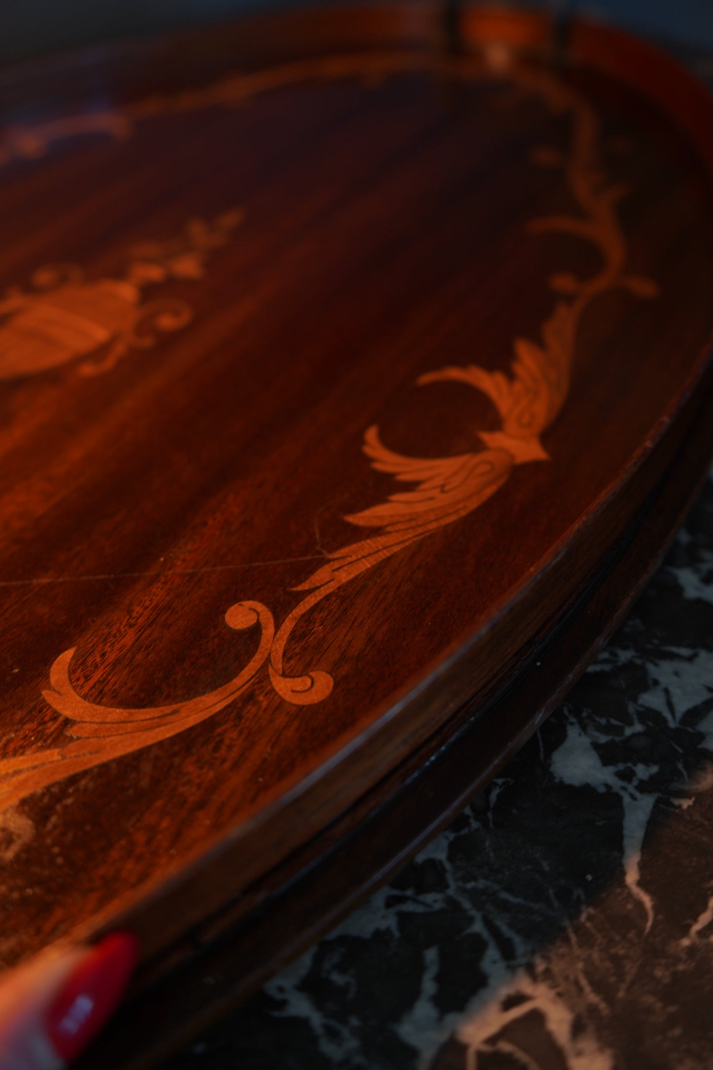 Edwardian Inlaid Mahogany Tray with Marquetry Urn Motif & Brass Handles, c.1900