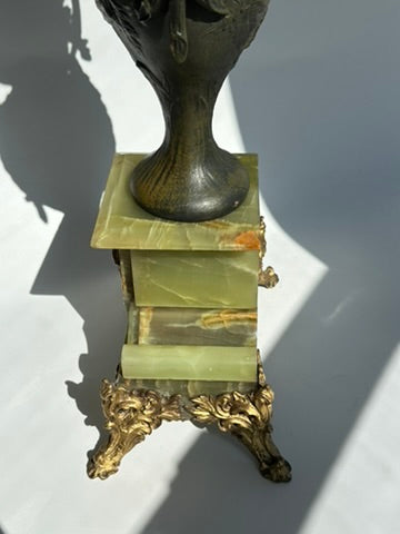 ^ Pair of Antique French Neoclassical Spelter and Onyx Urns with Gilt Brass Accents