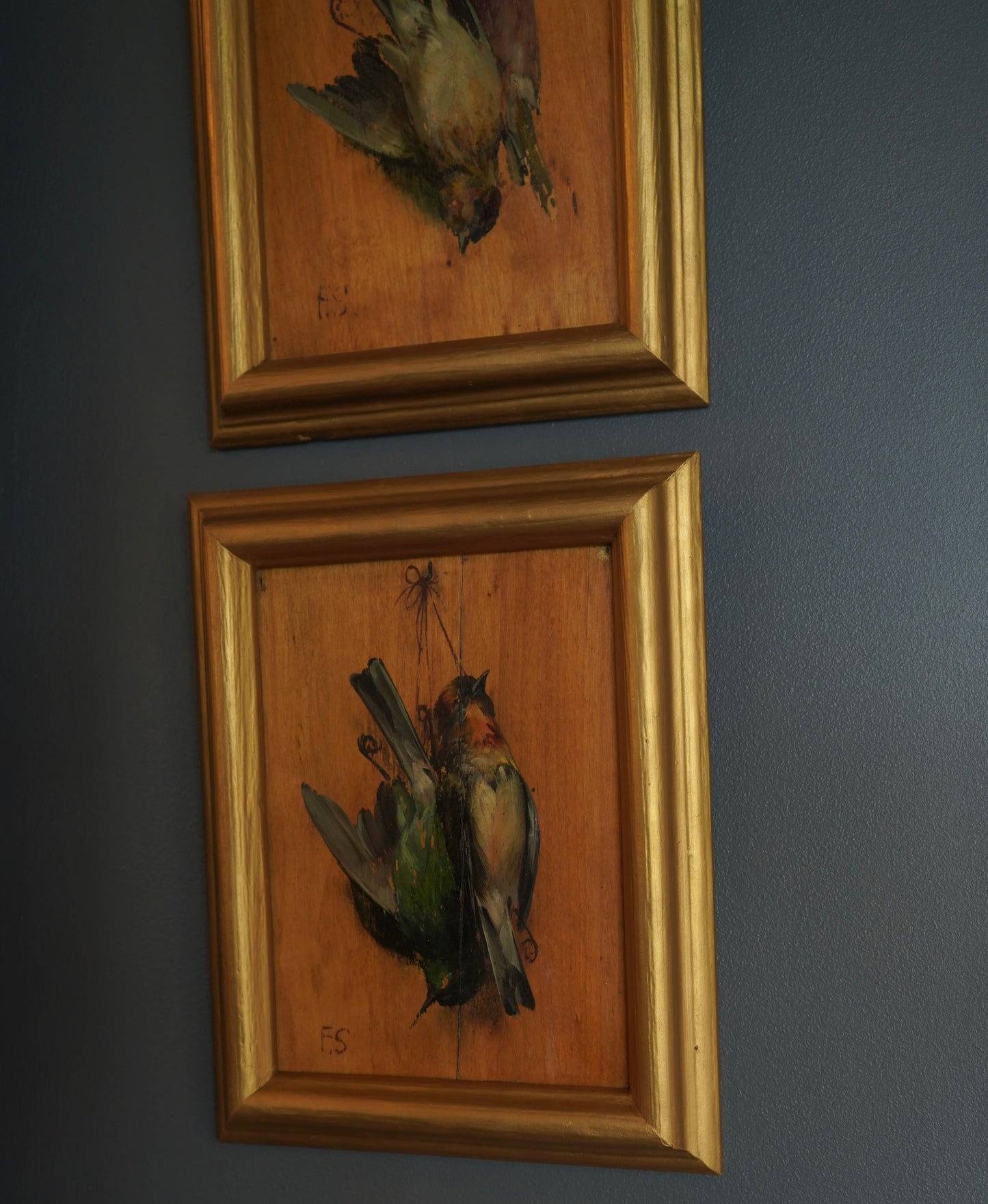 Pair of French “Art Mort” Oil Studies – 1920s Trompe-l’Œil Bird Paintings on Wood Panel, Signed F.S.