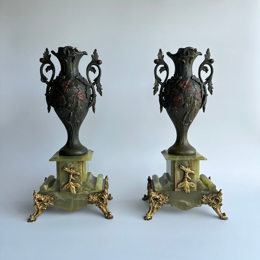 ^ Pair of Antique French Neoclassical Spelter and Onyx Urns with Gilt Brass Accents