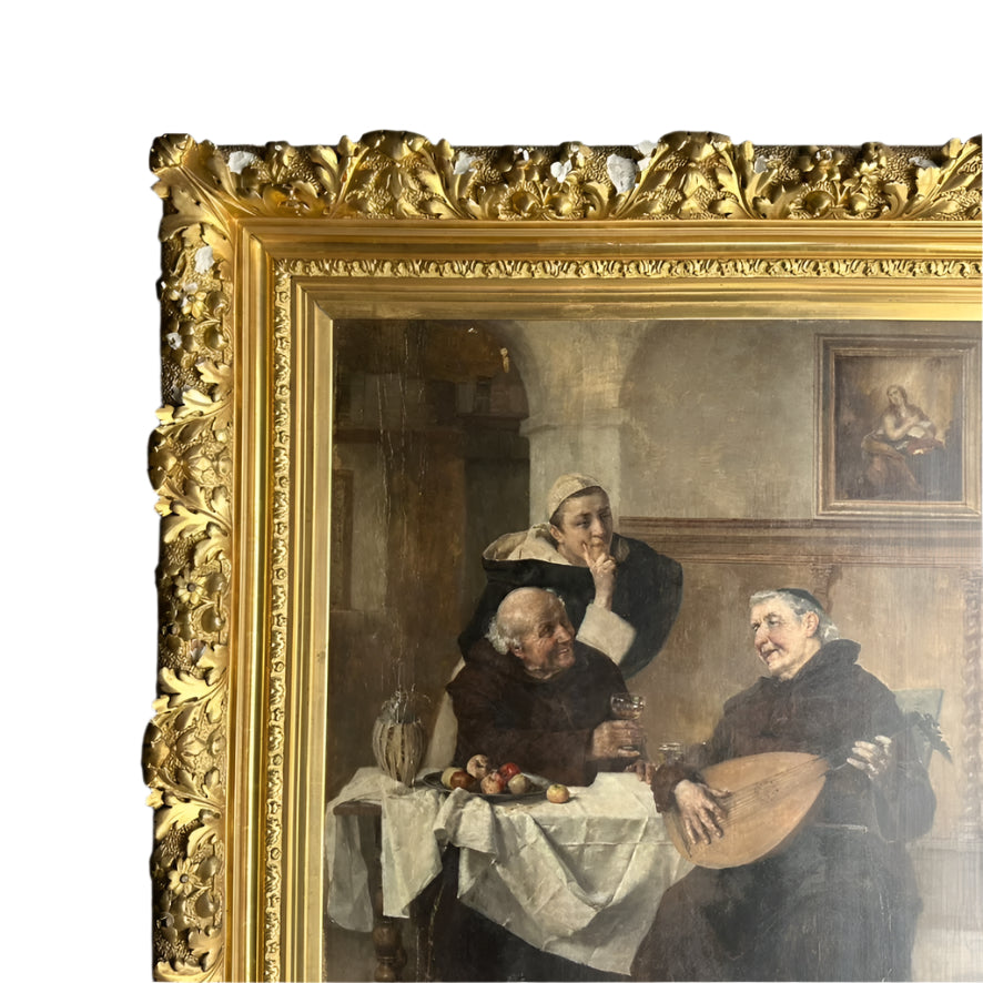 Late 1800s Monk Oil Painting Attributed to Heinrich Weber (1843-1913) in Ornate Gilded Frame