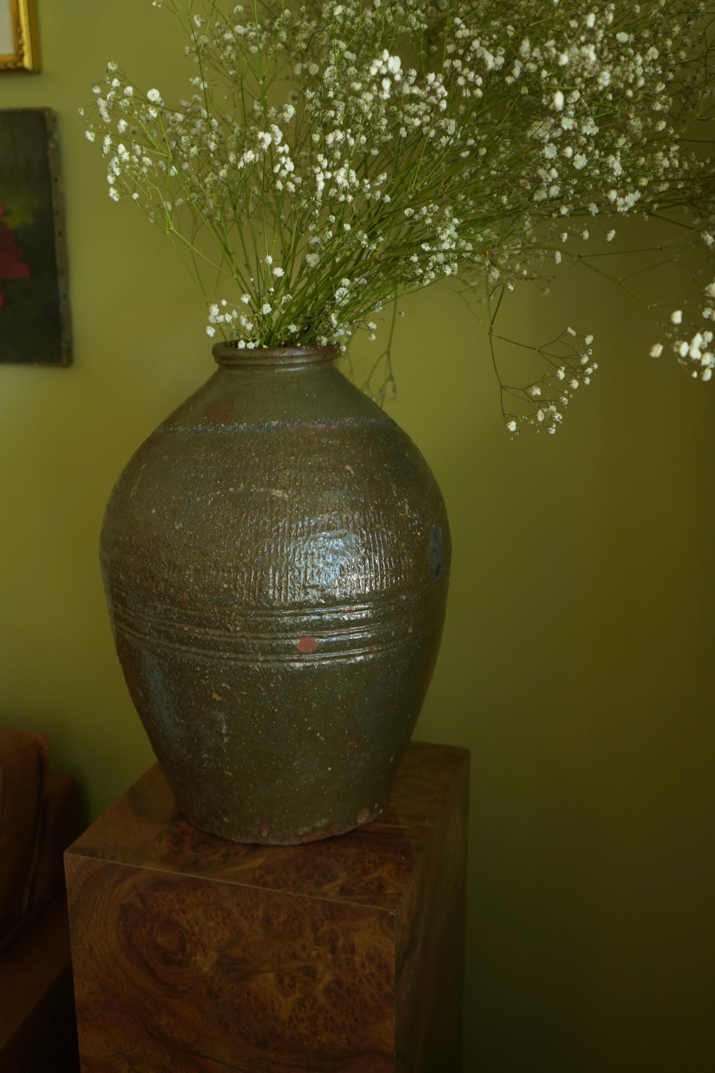 Vintage Green Asian Mijiu Jar, Large Vintage Chinese Oil Jar