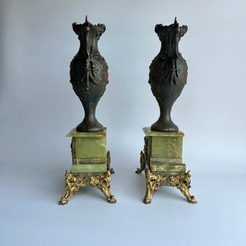^ Pair of Antique French Neoclassical Spelter and Onyx Urns with Gilt Brass Accents